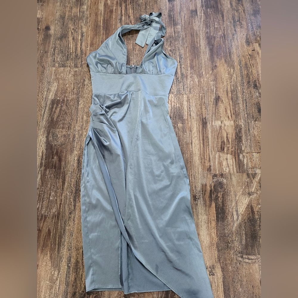 Cider NWT Grey Satin Halter Midi Dress Size Small Side Slit Cocktail Party Forma